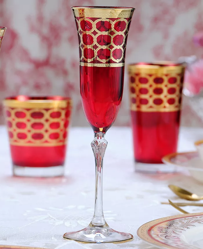 Lorren Home Trends Deep Red Colored Champagne Flutes with Gold-Tone Rings Set of 4