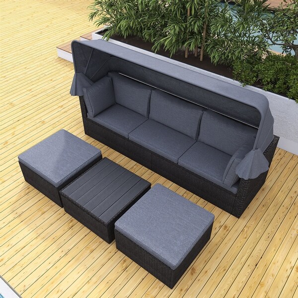 4Piece Outdoor Wicker Sectional Patio Daybed with Canopy and Ottoman