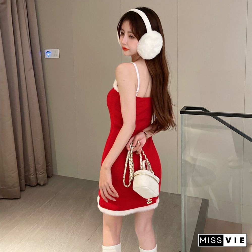 Autumn Sexy Christmas Sleeveless Dress Women Casual Slim Mini Dress Solid Red Camis Dress Korean Fashion Street Wear New