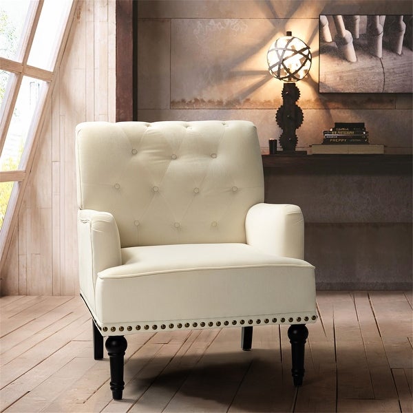 Geltrude Transitional Upholstered Button Tufted Club Chair with turned wooden Legs by HULALA HOME