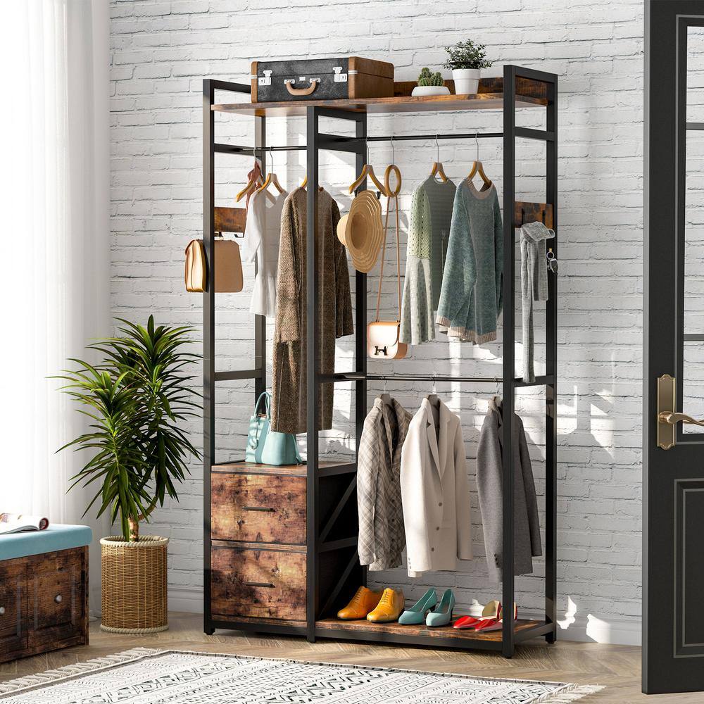 BYBLIGHT Carmalita Brown Garment Rack with 2 Fabric Drawers Freestanding Closet Organizer with Shelves and 3 Hanging Rods BB-C0621GX