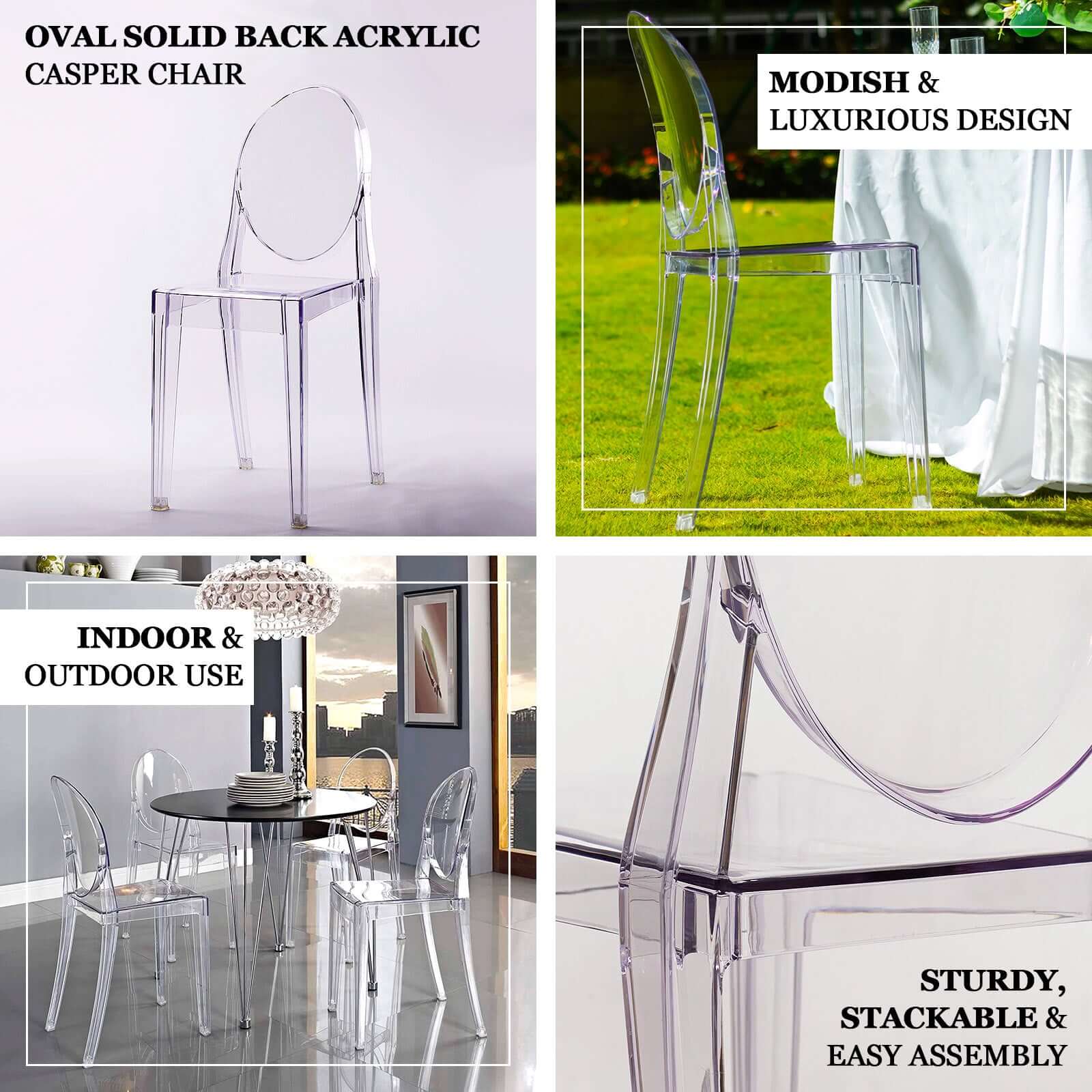 4 Pack Stackable Clear Acrylic Ghost Banquet Chairs with Oval Back, Fully Assembled Armless Event Accent Chair