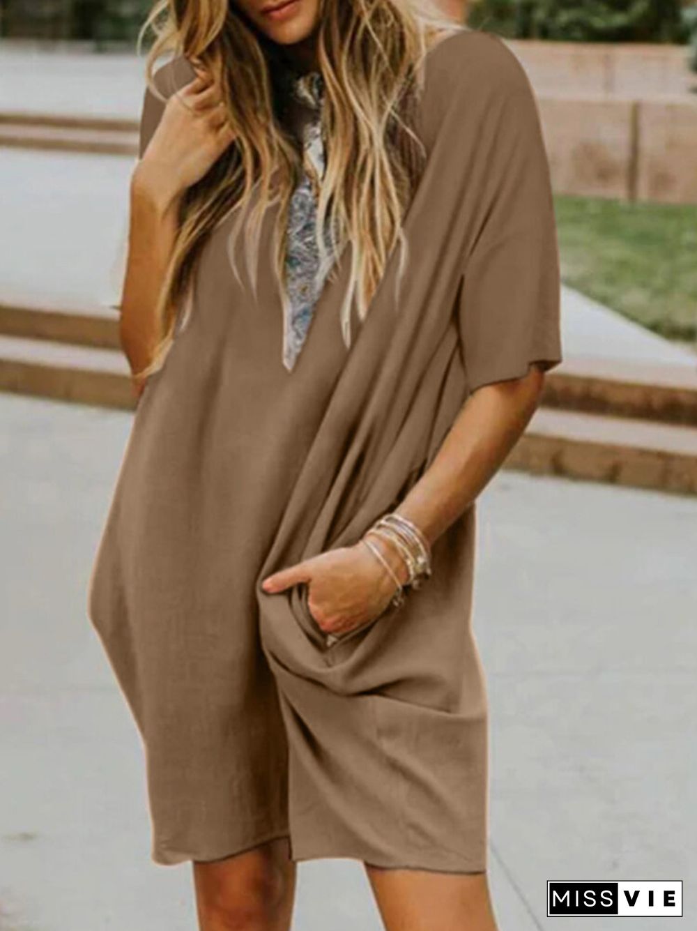 Leisure Solid Pocket Half Sleeve Midi Dress