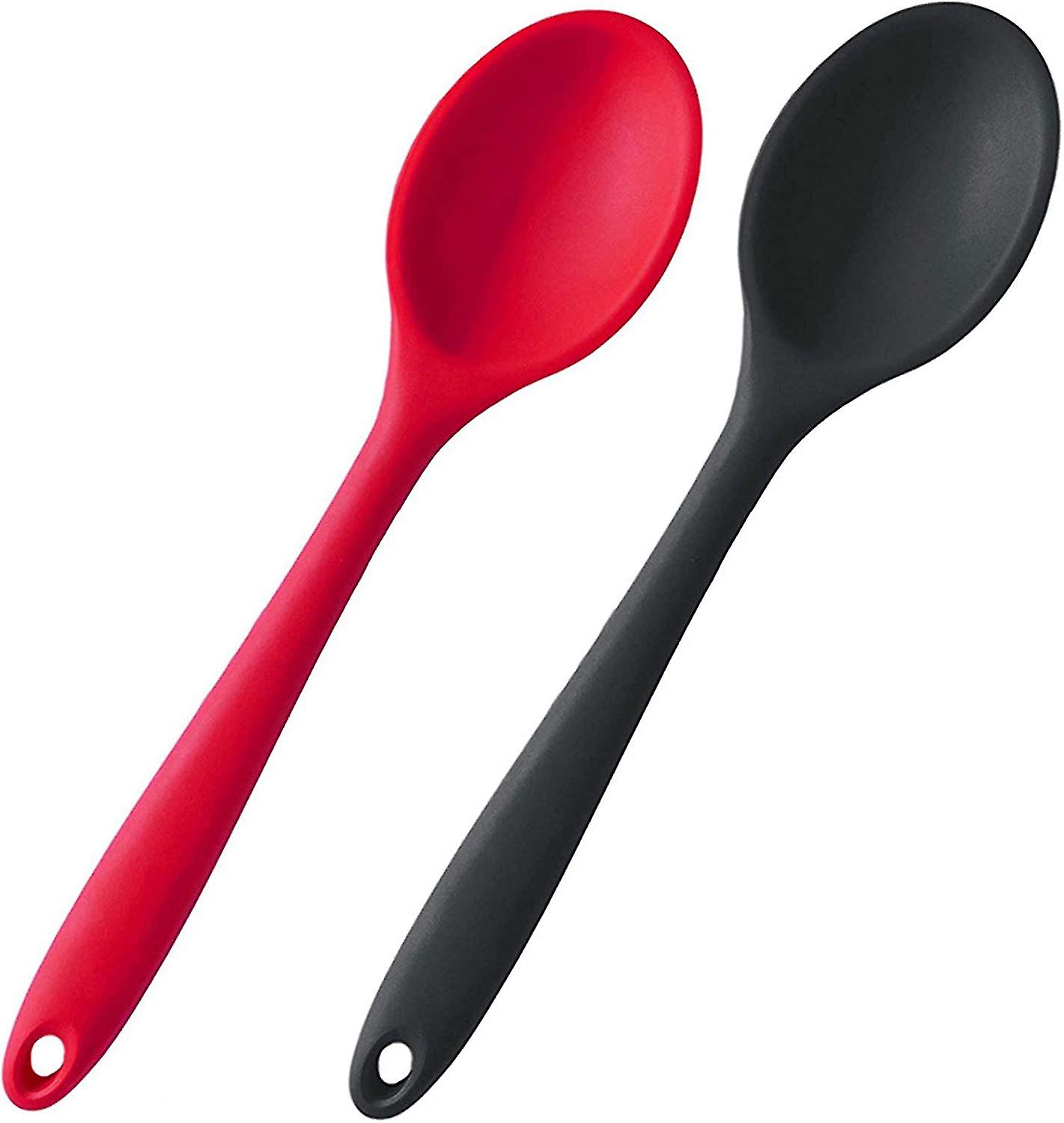 Silicone Nonstick Mixing Spoons Set 2， High Heat Resistant， Mixing And Serving，red And Black With Color Box