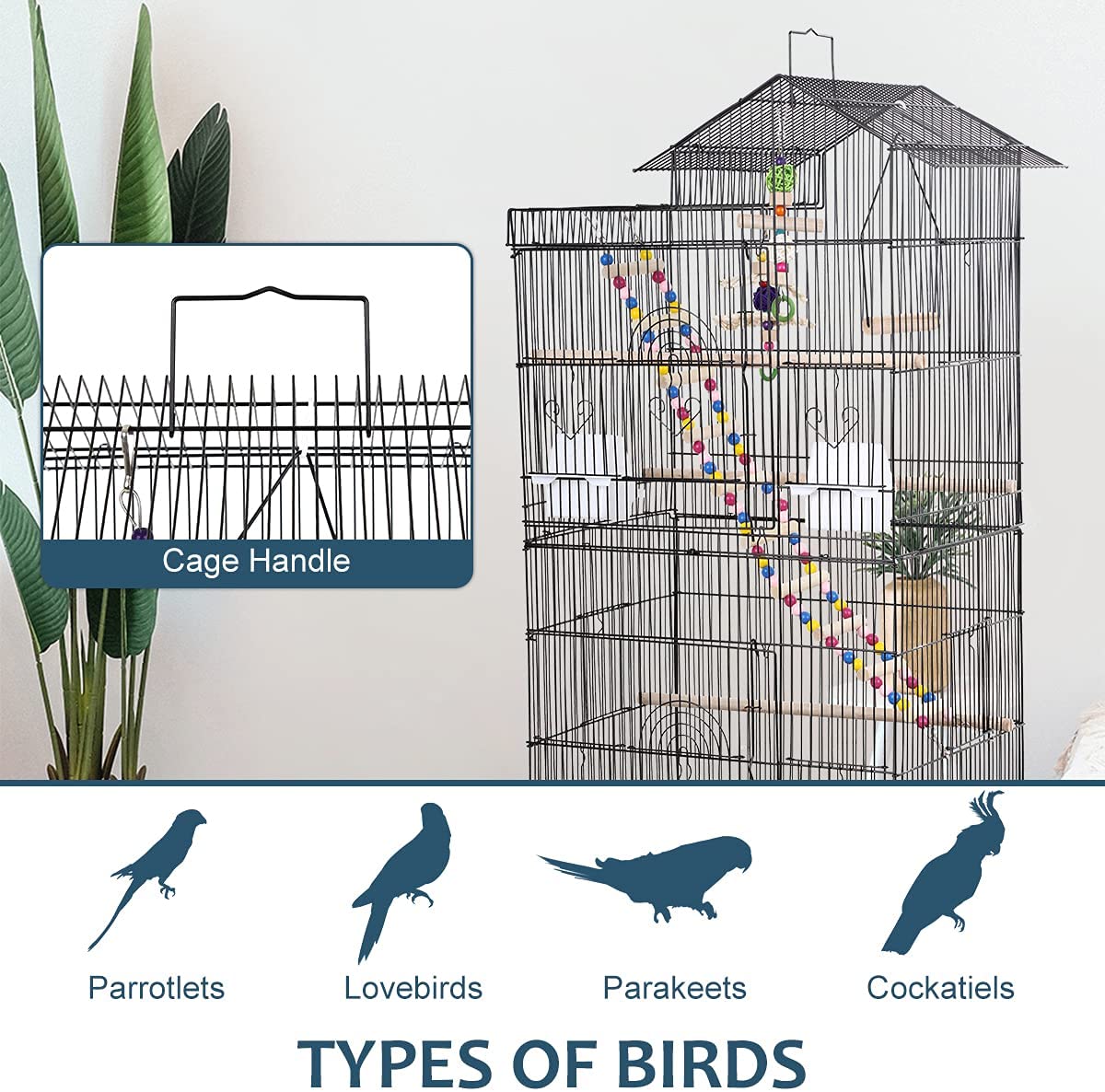 39 Inch Big Bird Cage Study Parakeet Cage Aviary with Accessories Roof Top Flight Parrot Cage with Ladder and Swing Jaulas para Pajaros for Small Parakeet，Canaries， Lovebirds， Cockatiels， Parrots