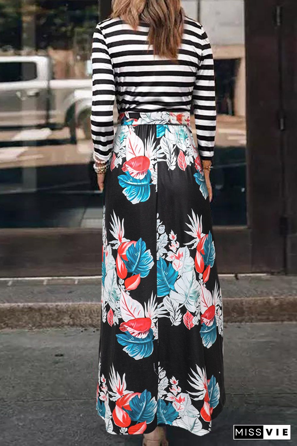 Striped Floral O-Neck Long Dress