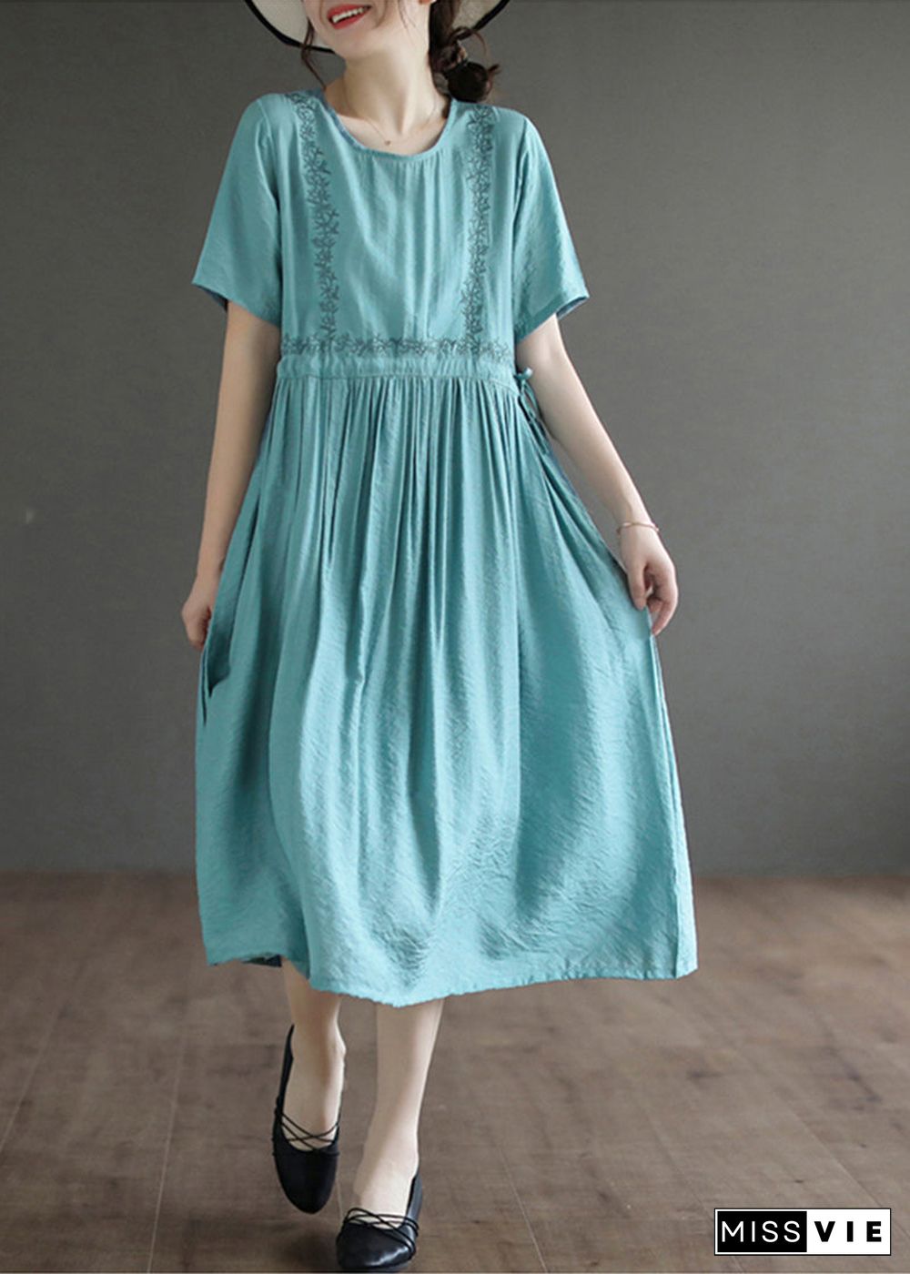 Lake Blue Cotton Maxi Dress Embroideried Summer