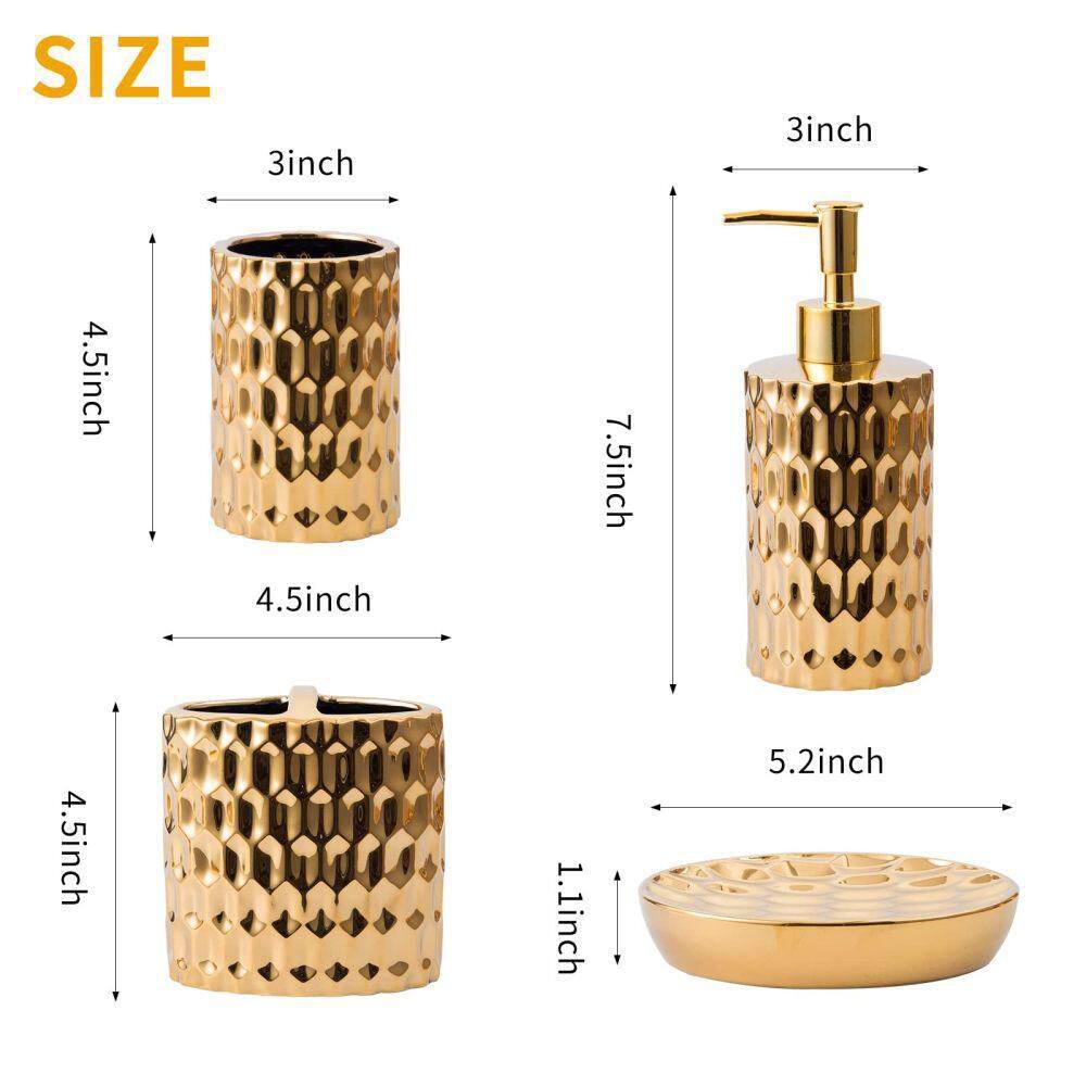 Dracelo 4-Piece Bathroom Accessory Set with Toothbrush Cup Soap Dispenser Soap Dish Tumbler in Gold B09YC7P61W