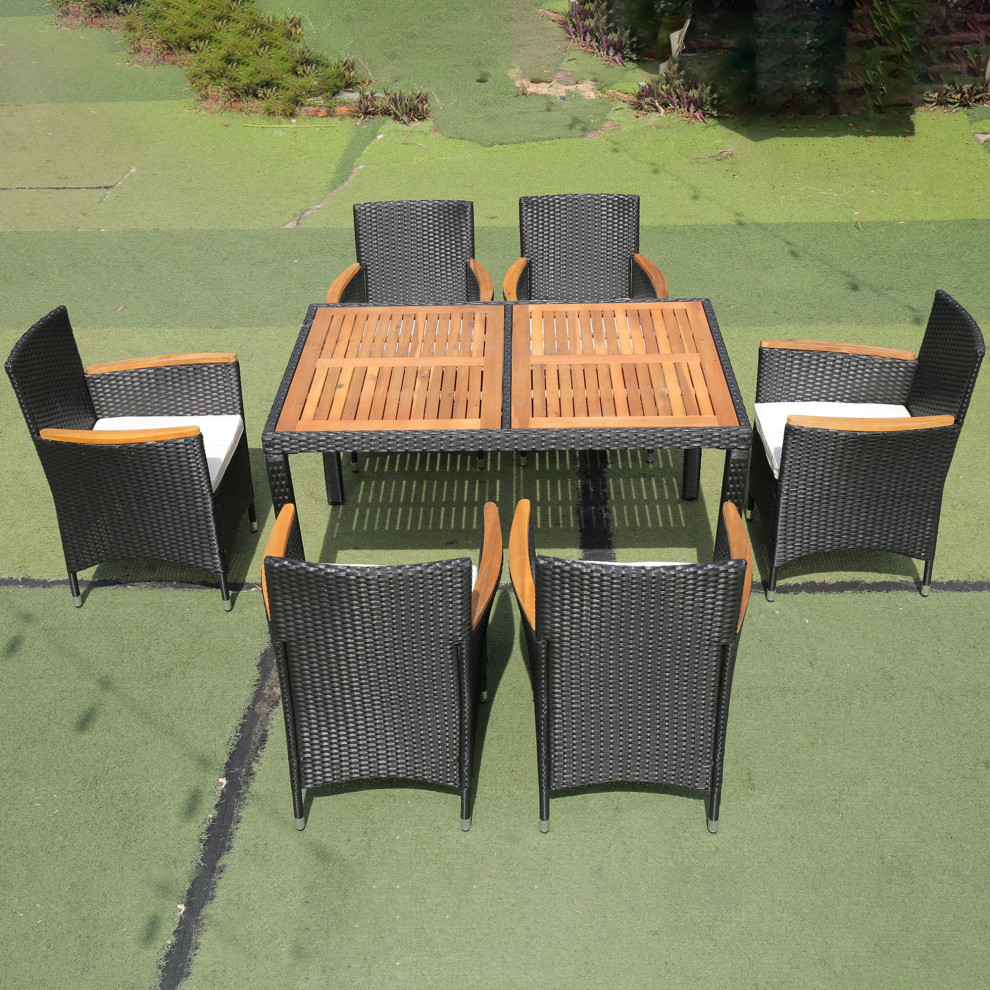 7 Pieces Outdoor Patio Wicker Furniture Dining Table Set With 6 Stools   Tropical   Outdoor Dining Sets   by AquaView Inc  Houzz