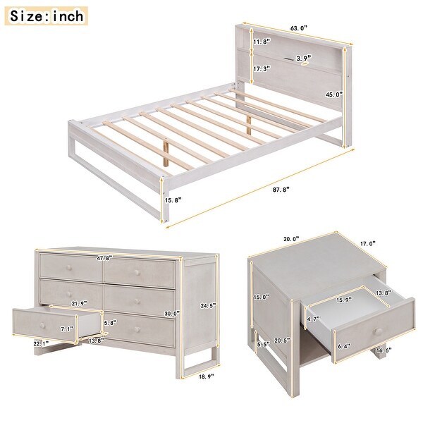 3-Pieces Bedroom Sets Queen Size Platform Bed with Nightstand and Dresser - - 37542566