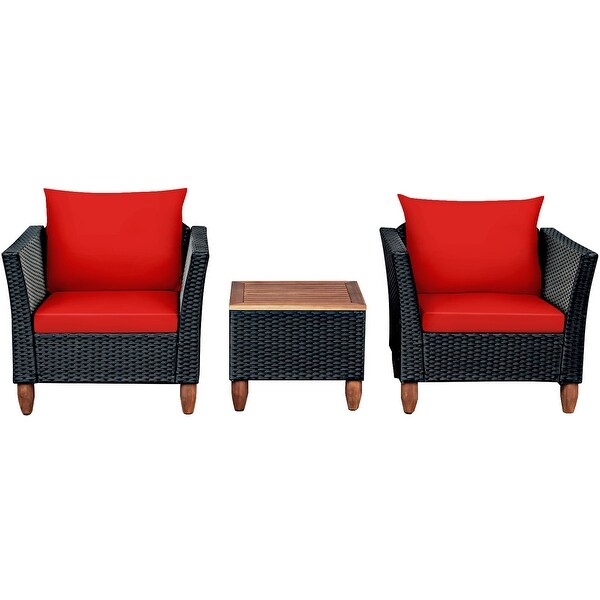 Gymax 3PCS Patio Rattan Conversation Furniture Set Yard Outdoor w/ Red