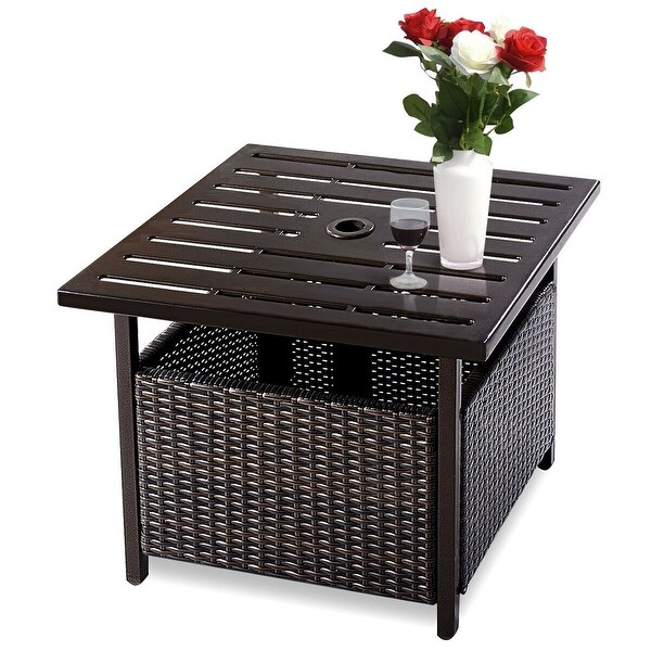 Costway Brown Rattan Wicker Steel Side Table Outdoor Furniture Deck