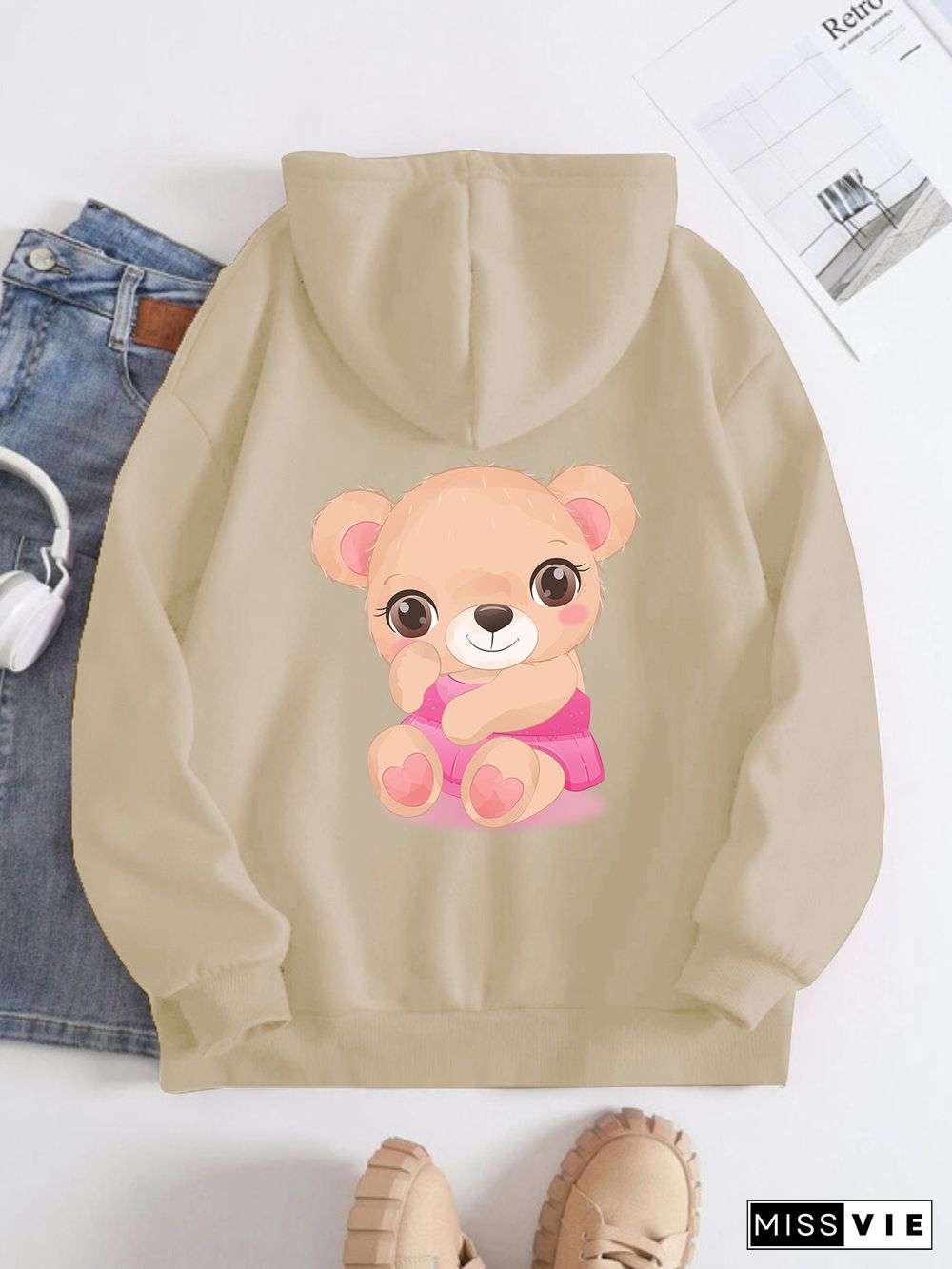 Printed on the Back Kangaroo Pocket Hoodie Long Sleeve for Women Pattern Pink Little Bear