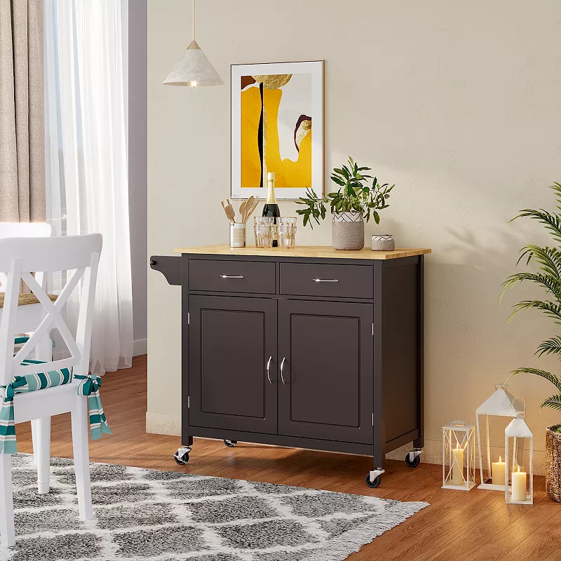 Modern Rolling Kitchen Cart Island with Wooden Top