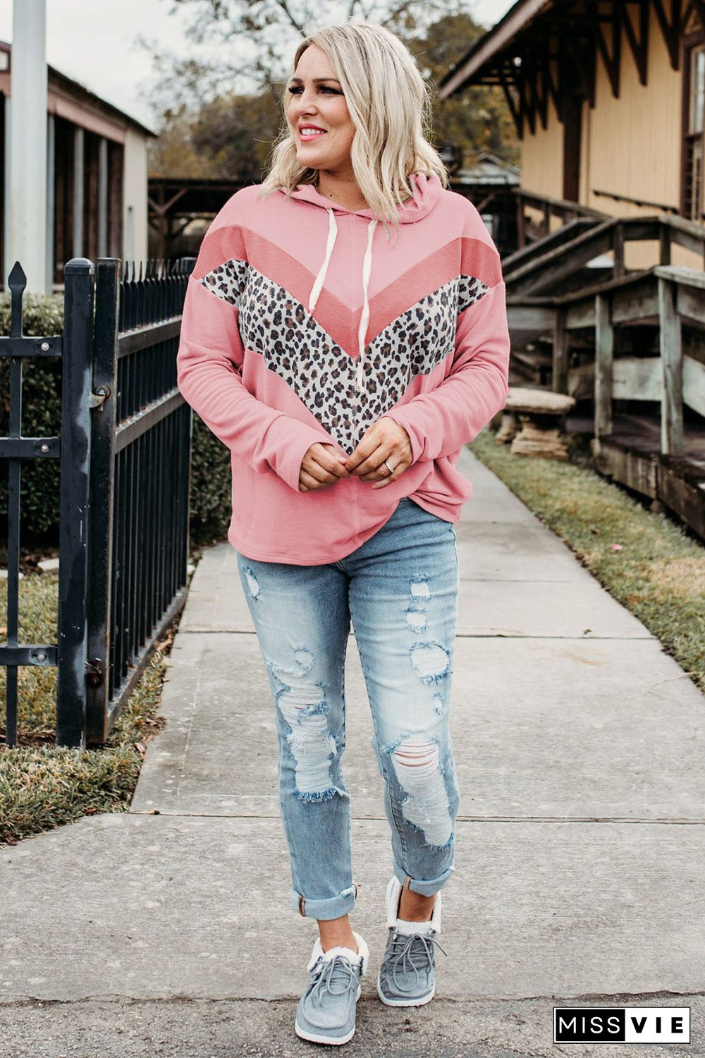 Plus Size Taupe Chevron Hooded Top