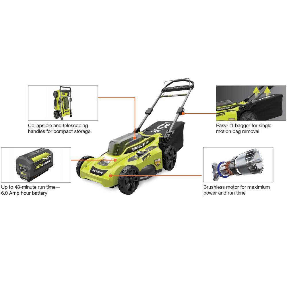 RYOBI 40V Brushless 20 in. Cordless Battery Walk Behind Push Lawn Mower with 6.0 Ah Battery and Charger RY401110