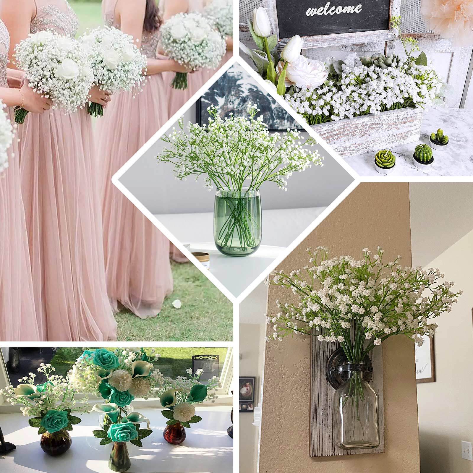 3 Bushes White Artificial Baby’s Breath Gypsophila Flower Arrangements, Real Touch Indoor Faux Floral Bouquets 14