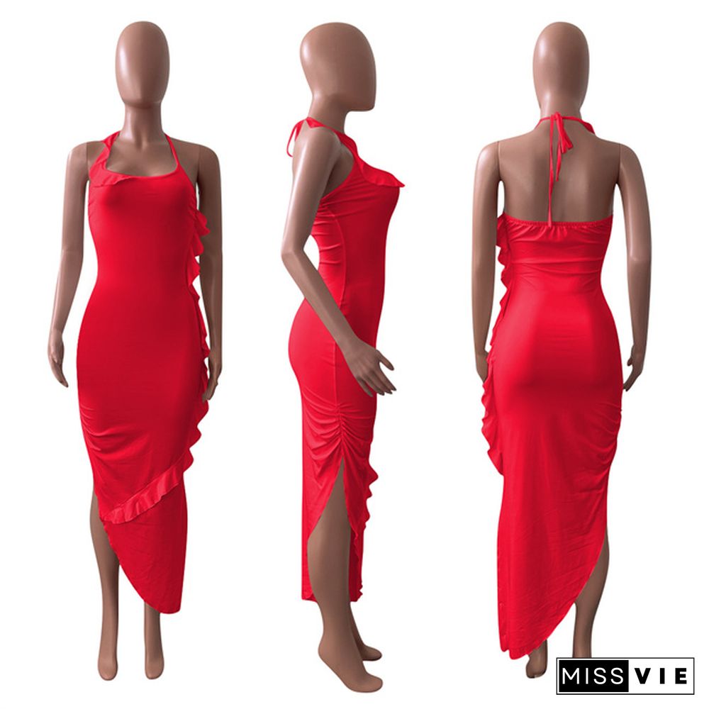 Elegant Solid Color Ruffles Women Summer Sexy Asymmetric Night Club Halter Bodycon Maxi Dress