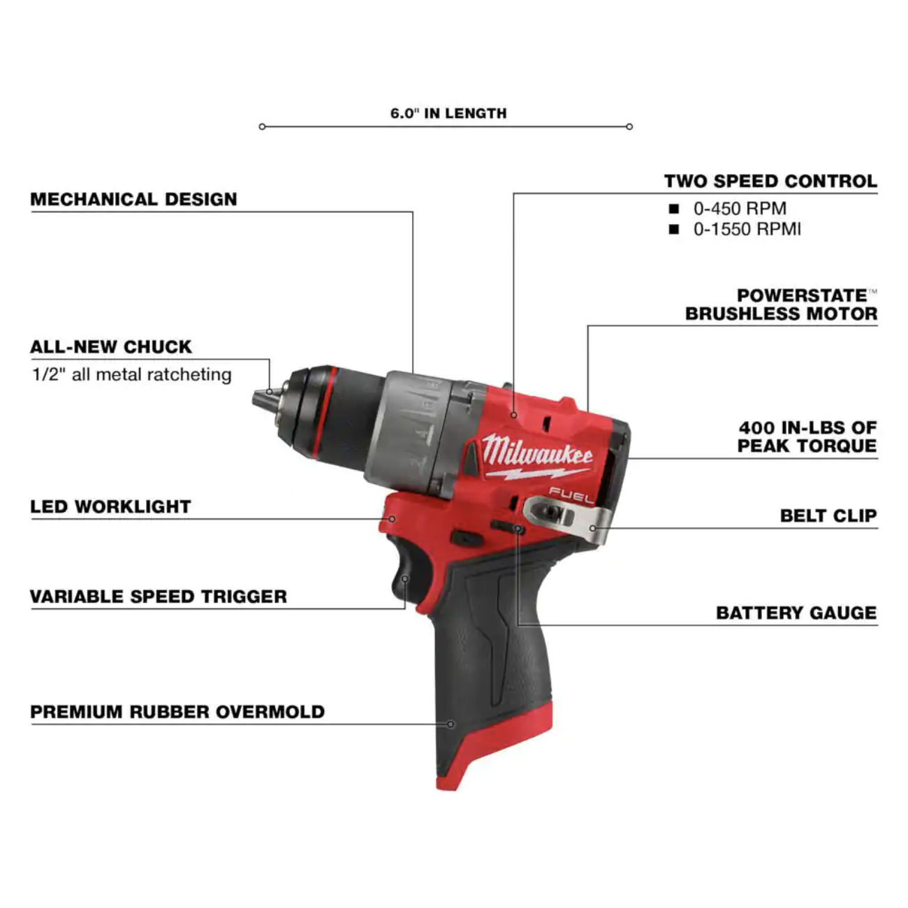 Milwaukee M12 FUEL 12V Lithium-Ion Brushless Cordless Drill Driver (Tool-Only) with SHOCKWAVE Screw Driver Bit Set