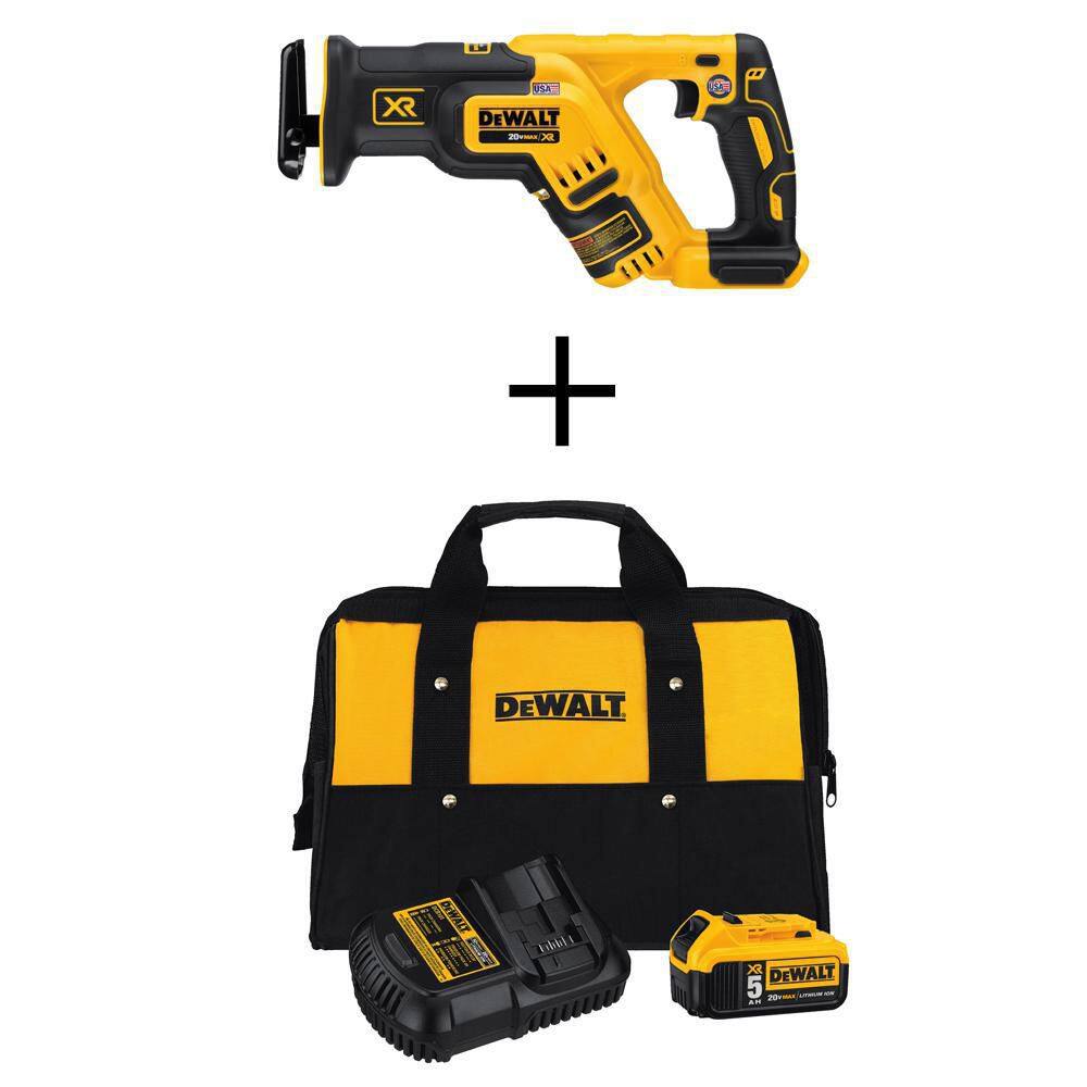 DW 20V MAX XR Cordless Brushless Compact Reciprocating Saw with 20V MAX XR Lithium-Ion 5.0Ah Battery Charger  Kit Bag DCB205CKWCS367B