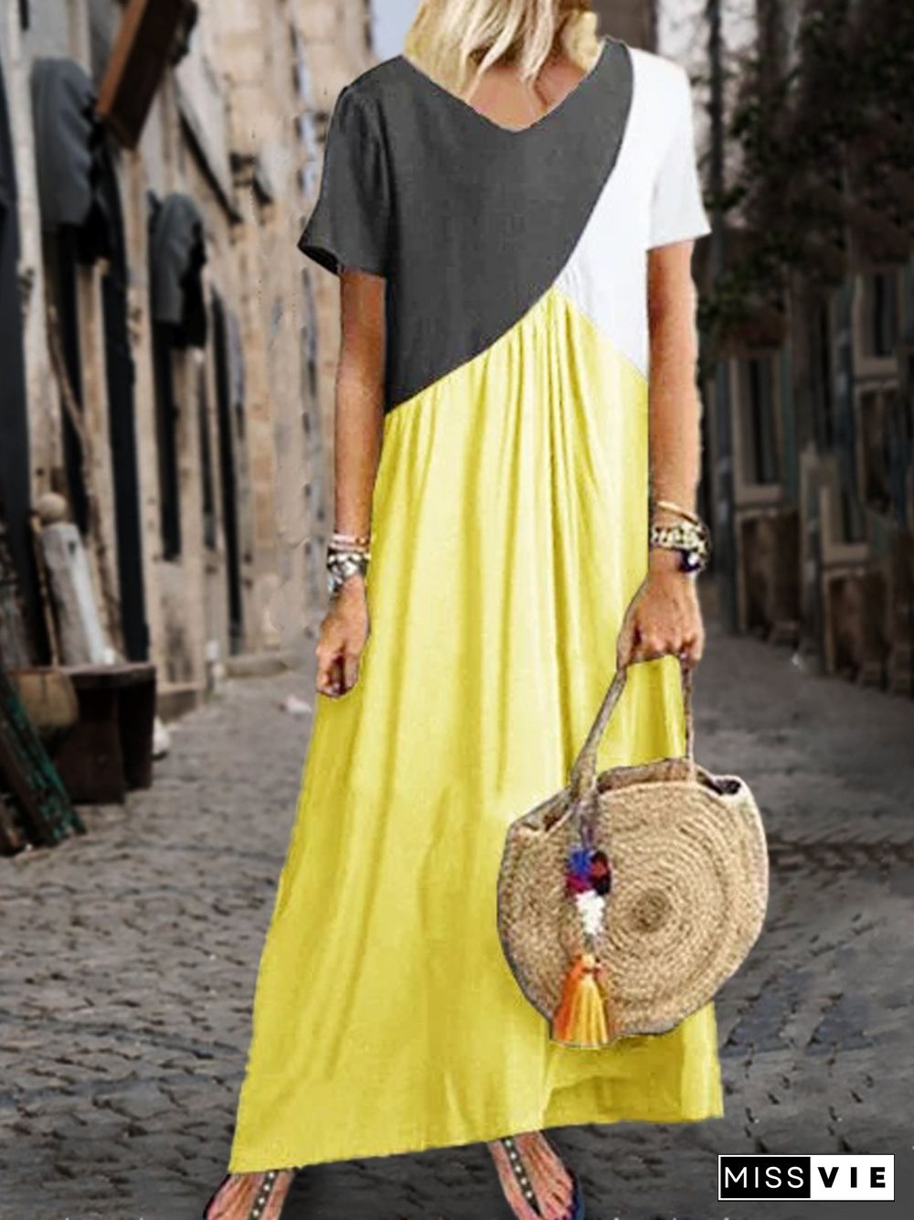 Women Casual Solid Color Cotton V Neck Plus Size Maxi Dresses