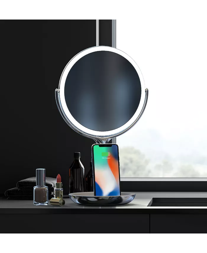 Sharper Image SpaStudio Vanity 8-inch Mirror with Built-In Qi Wireless Phone Charger  5X and 10X Magnification