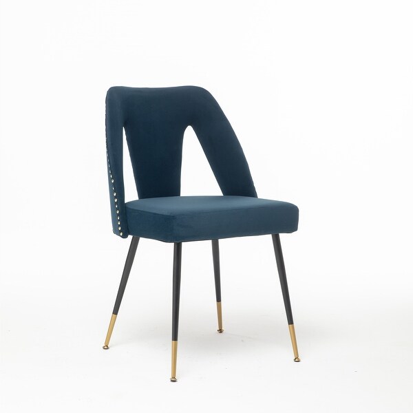 Contemporary Velvet Upholstered Dining Chair with Nailheads and Gold Tipped Black Metal Legs Set of 2