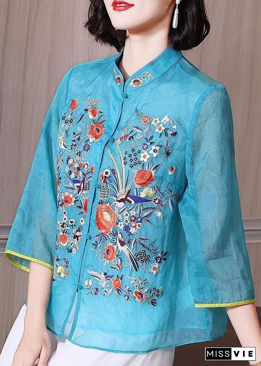 Chinese Style Blue Embroideried Patchwork Chiffon Blouse Tops Summer