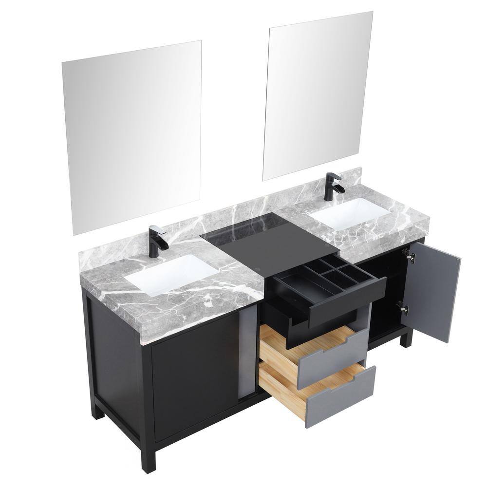 Lexora Zilara 72 in W x 22 in D Black and Grey Double Bath Vanity Castle Grey Marble Top Matte Black Faucet and 28 in Mirrors LZ342272DLISM28FCM