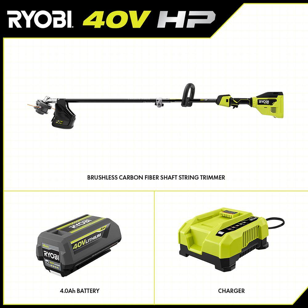 RYOBI 40V HP Brushless 15 in. Cordless Carbon Fiber Shaft Attachment Capable String Trimmer with 4.0 Ah Battery and Charger RY40290