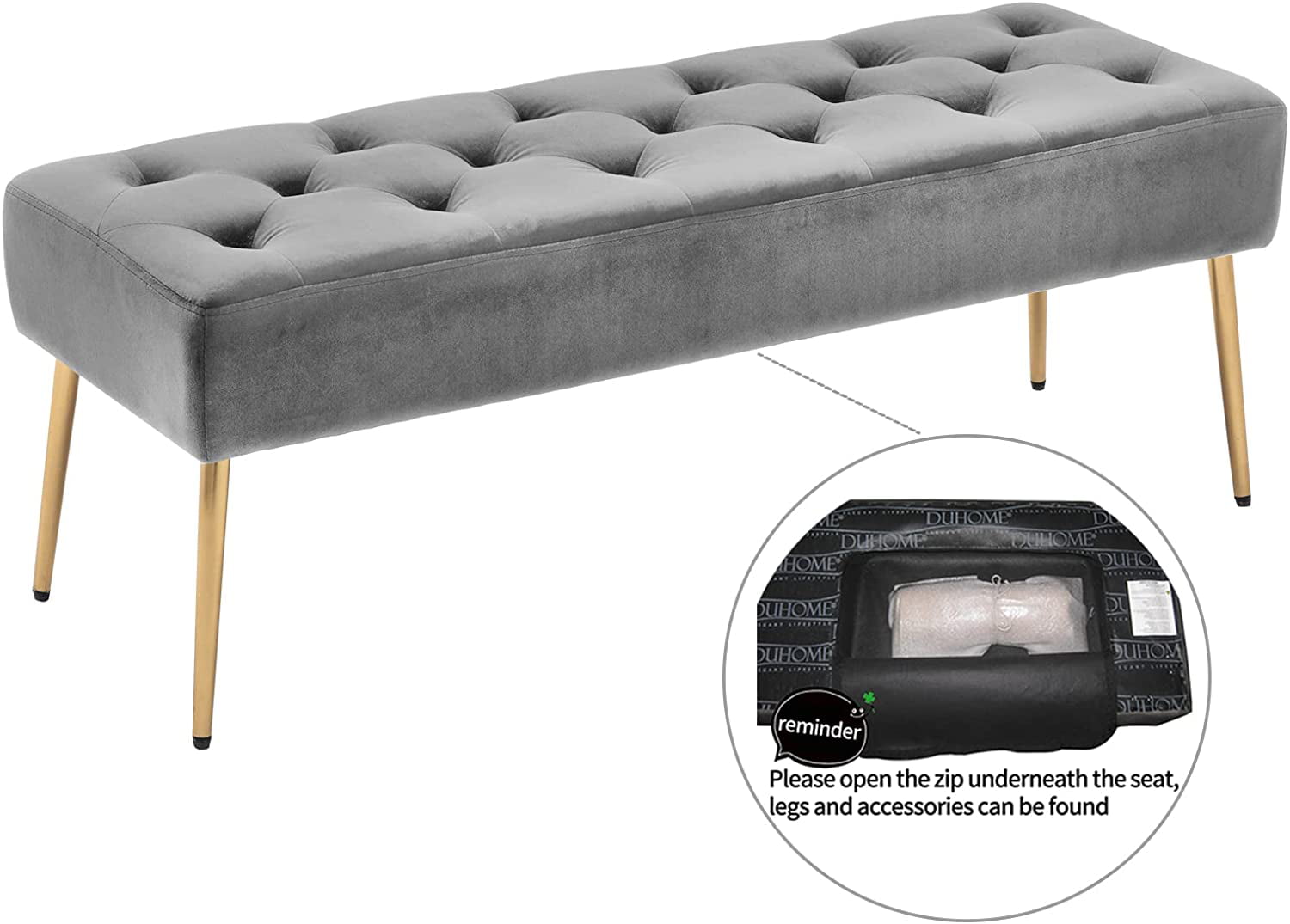 Duhome Velvet Ottoman Bench, Bedroom Bench for Bed End Upholstered Bench Tufted Accent Bench for Living Room Entry, Gray