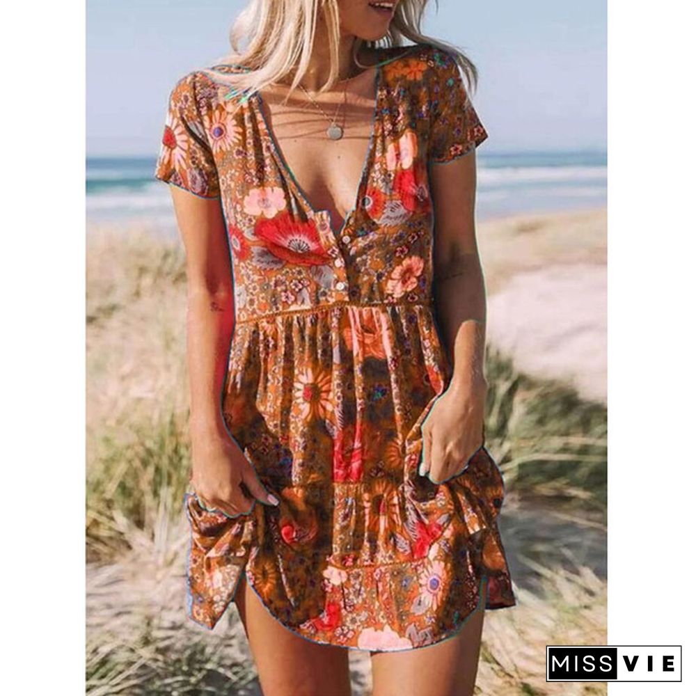 XS-8XL Summer Dress Plus Size Fashion Women's Casual Short Sleeve T-shirt Dress Floral Flower Printed Party Dress Ladies V-neck Loose Mini Dress Beach Wear Pleated Dress