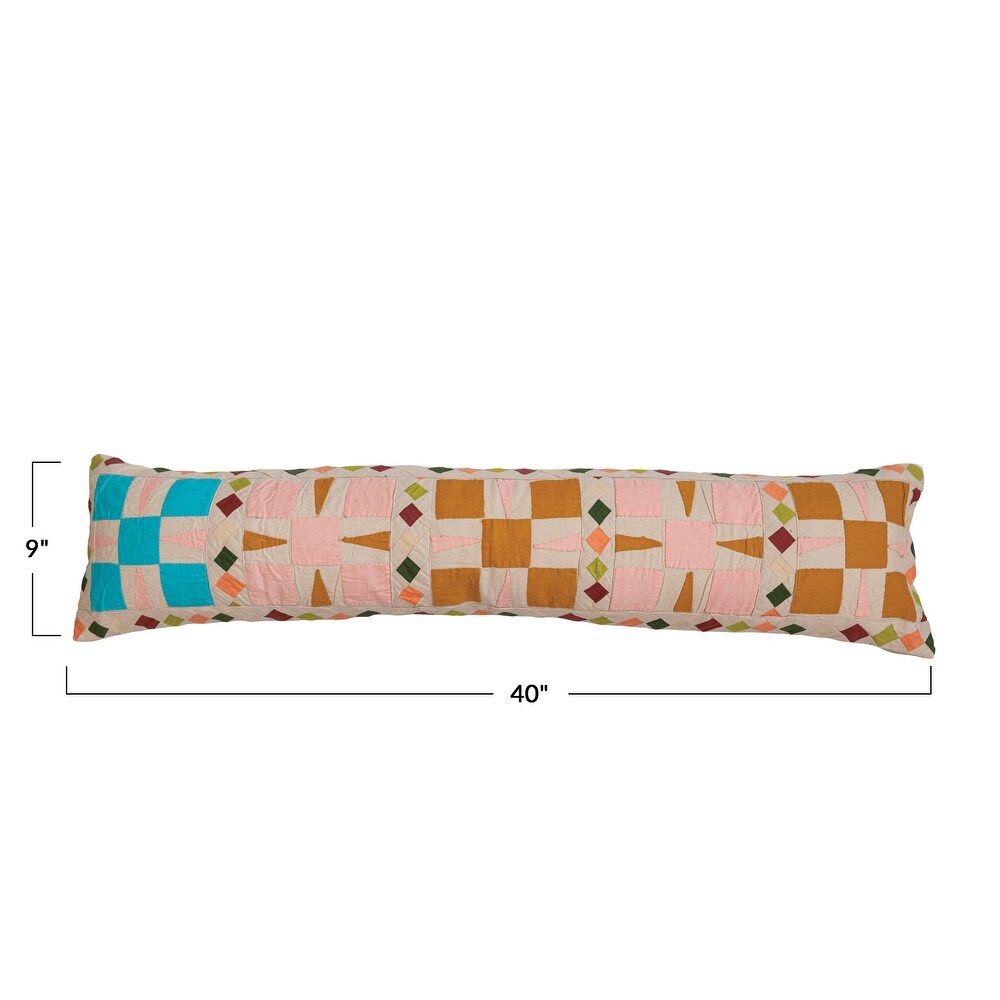 Embroidered Cotton Lumbar Pillow with Patchwork Detail