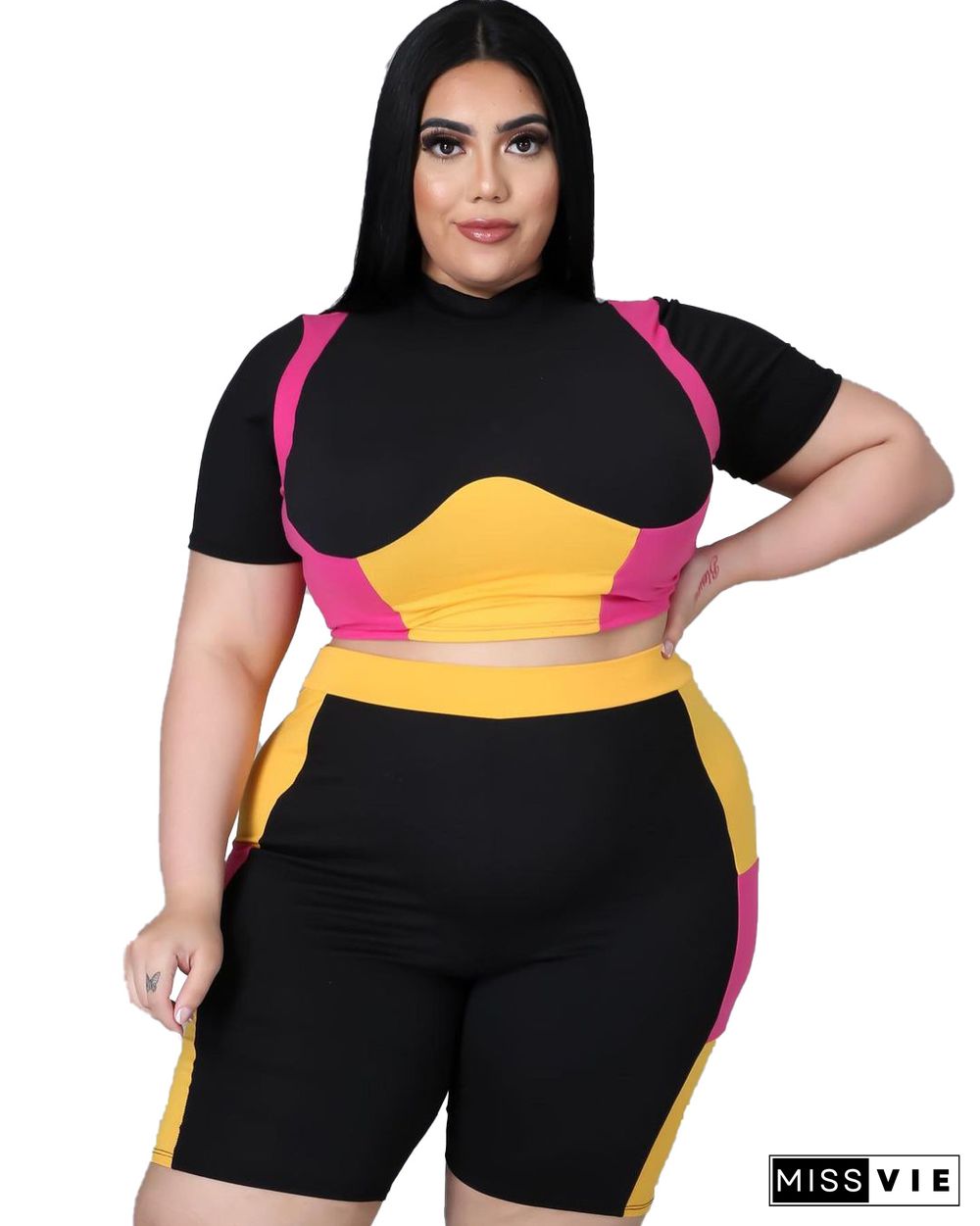 Women Plus Size Set Patchwork Short Sleeve Crop Tops Stretchy Shorts Tracksuit Summer Two Piece Outfits