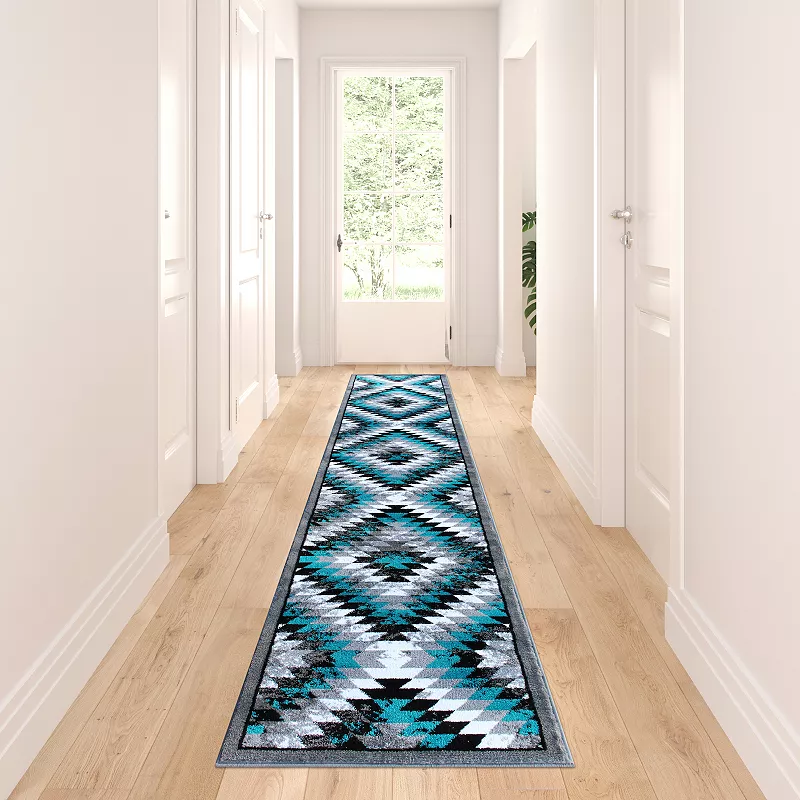 Masada Rugs Masada Rugs Stephanie Collection 3'x11' Area Rug Runner with Distressed Southwest Native American Design 1106 in Turquoise， Gray， Black and White