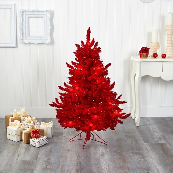 4' Red Flocked Fraser Fir Artificial Christmas Tree with 100 Red Lights，14 Globe Bulbs and 270 Bendable Branches