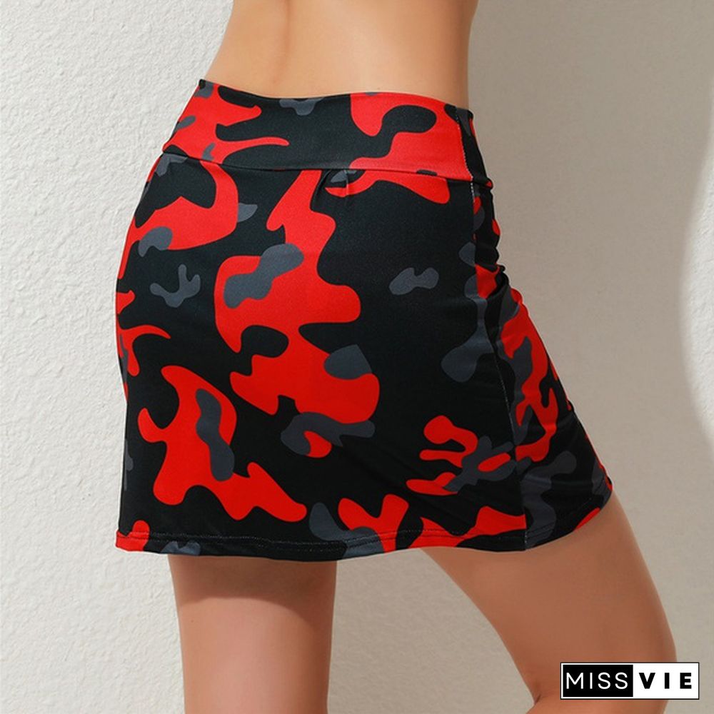 New Summer Women Camouflage Print Double-Layer Athletic Short Skirt Fitness Yoga Skirt Shorts Badminton Breathable Quick Drying Skirts Anti Exposure Tennis Skirt