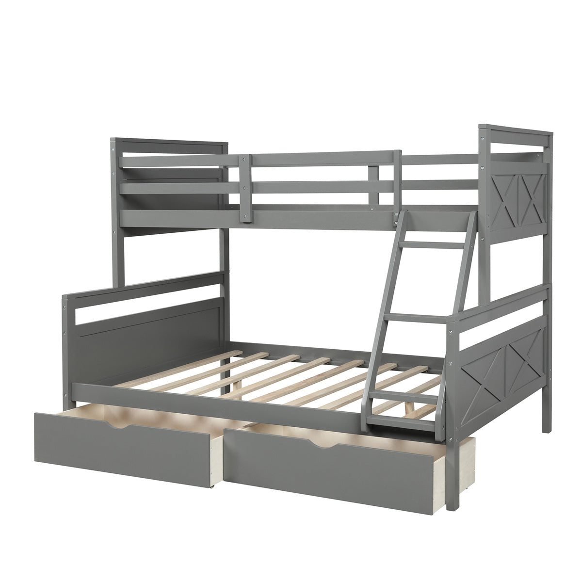 Twin Over Full Bunk Bed with Two Storage Drawers, Pine Wood Bed Frame and Guardrails and Ladder for Kids and Teens Trundle, Grey