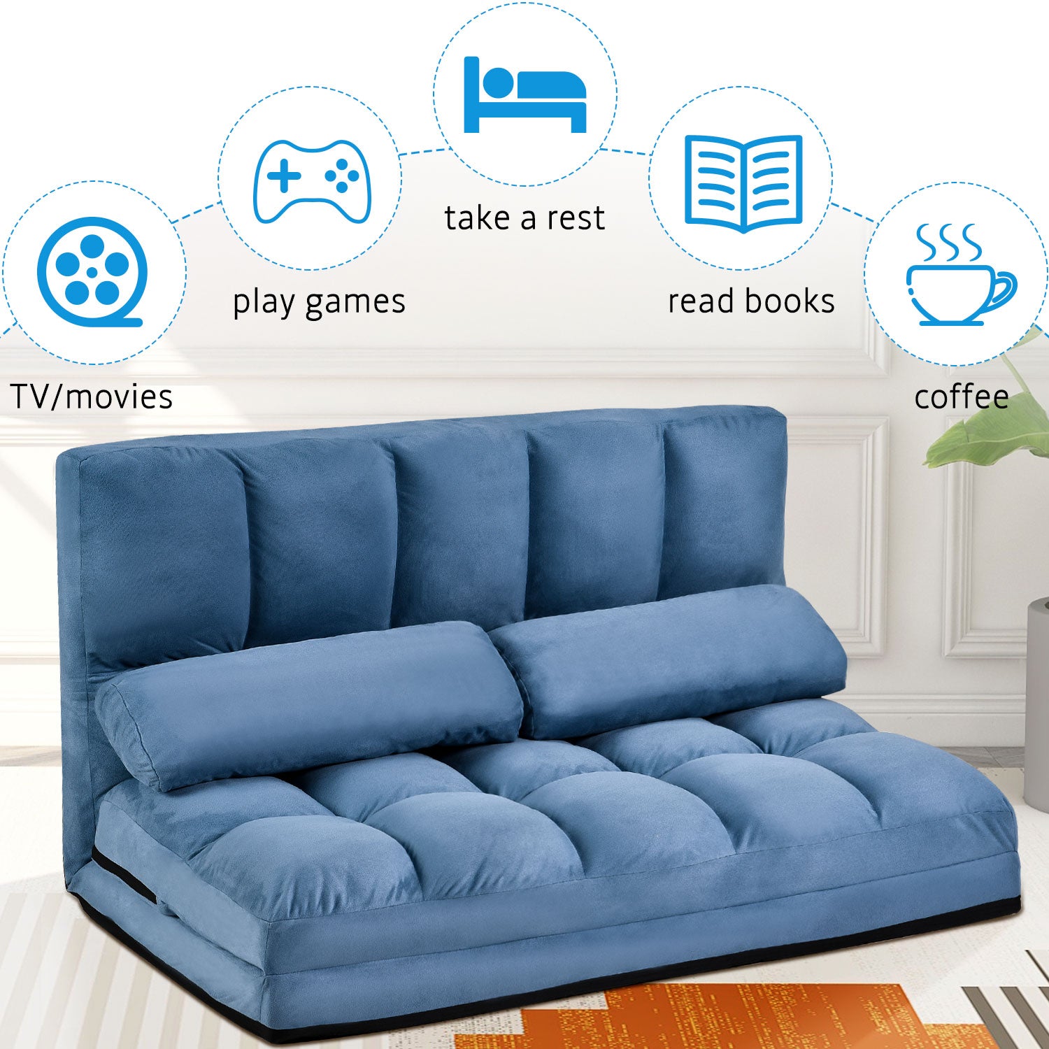 Double Chaise Lounge Sofa Floor Couch and Sofa with 2 Pillows for Living Room, Blue