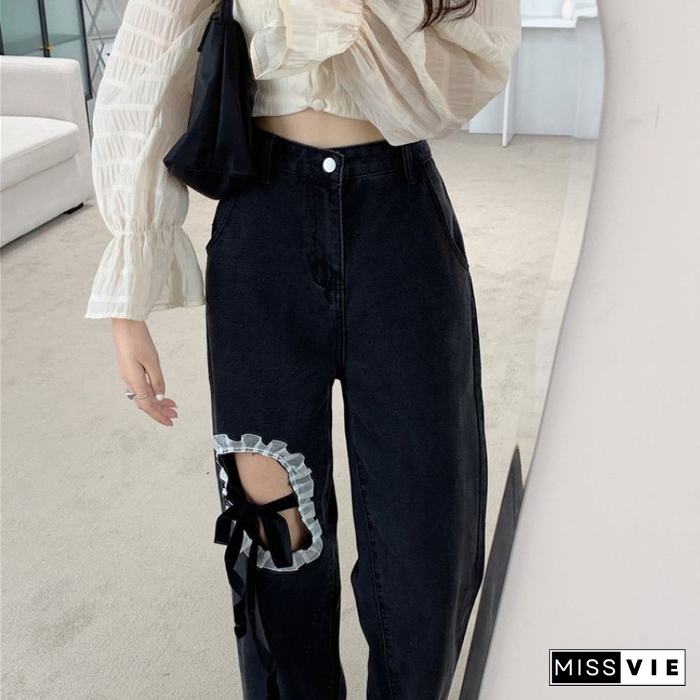 Chic Lace Up Wide Leg Denim Pants