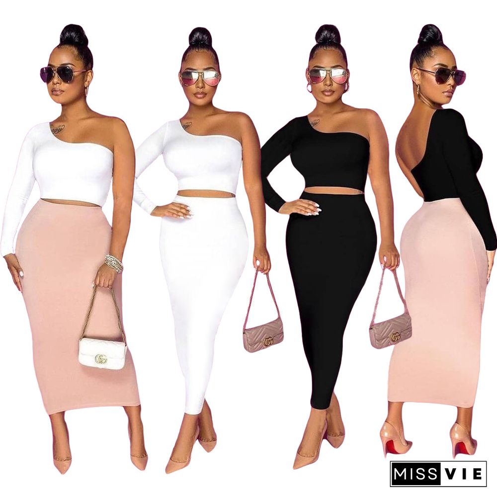 Long Sleeve One Shoulder Solid Crop Top Skirt Set