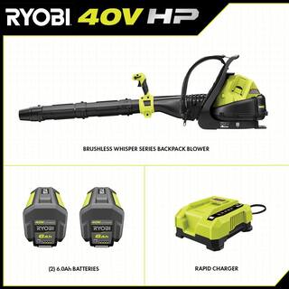 RYOBI 40V HP Brushless Whisper Series 165 MPH 730 CFM Cordless Battery Backpack Blower with (2) 6.0 Ah Batteries and Charger RY404170