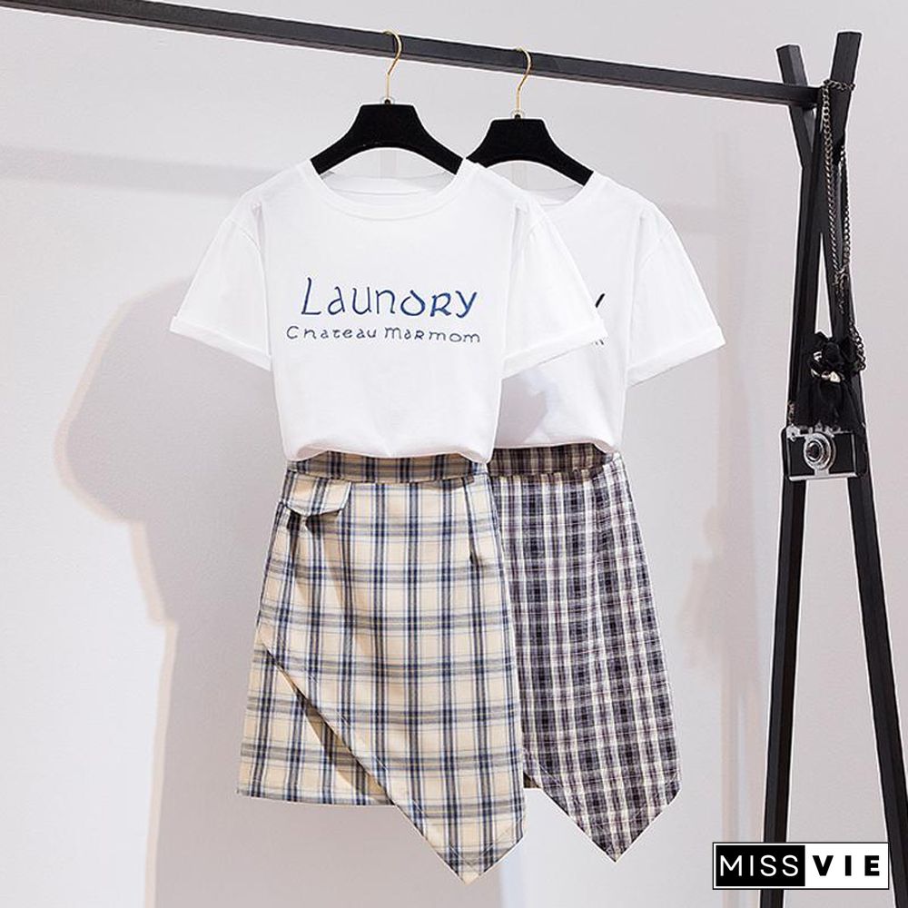 Basic Letter Tee+Plaid Skirt P10124