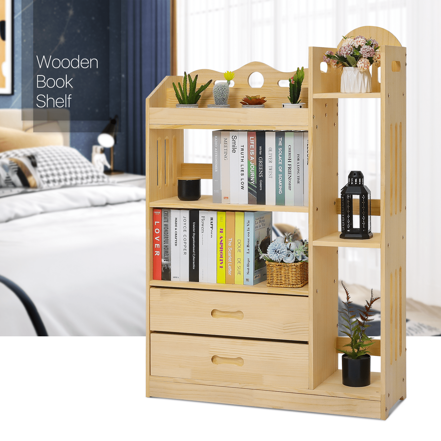 MoNiBloom Wood 4 Tiers 2 Drawers Bookshelf, Toys Books Display Storage Bookcase, Natural, for Home