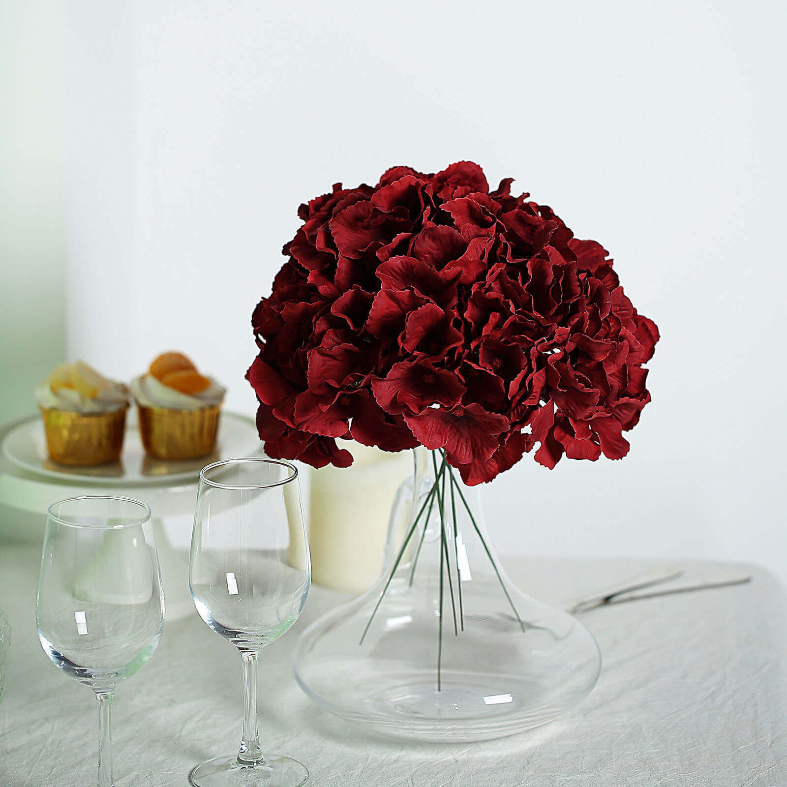 10 Flower Head and Stems Burgundy Artificial Satin Hydrangeas, DIY Arrangement