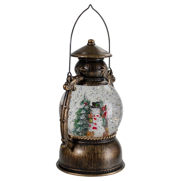 8Inch Black with Brushed Gold LED Snowman and Christmas Trees Snow Globe Lantern