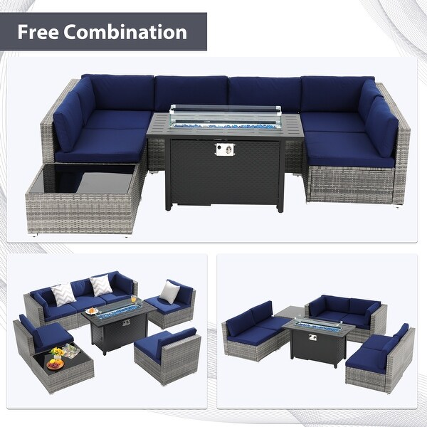 Grey 8Piece Wicker Patio Furniture Set Navy Blue Cushions with Black 45” 50000 BTU Propane Fire Pit Table