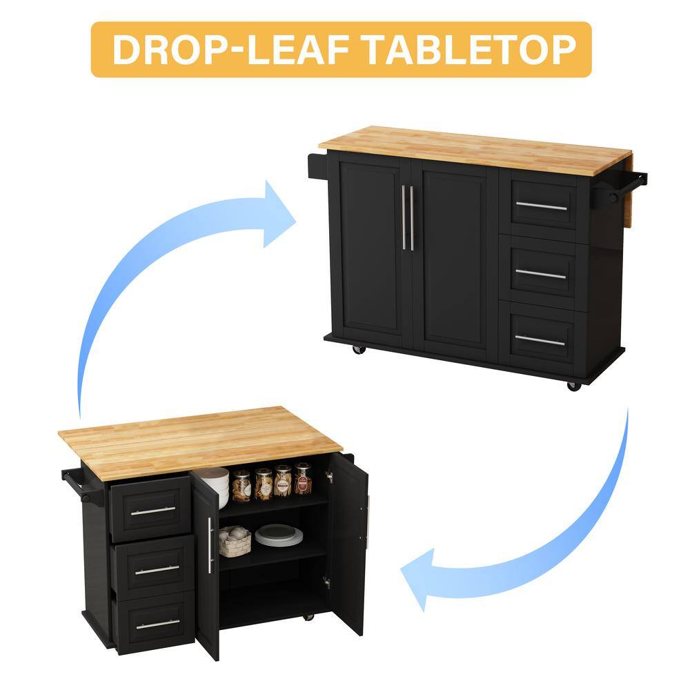 FAMYYT Black Rolling Solid Wood Tabletop 43 in. Kitchen Island with Drop-Leaf Countertop XJ-75763BK-L