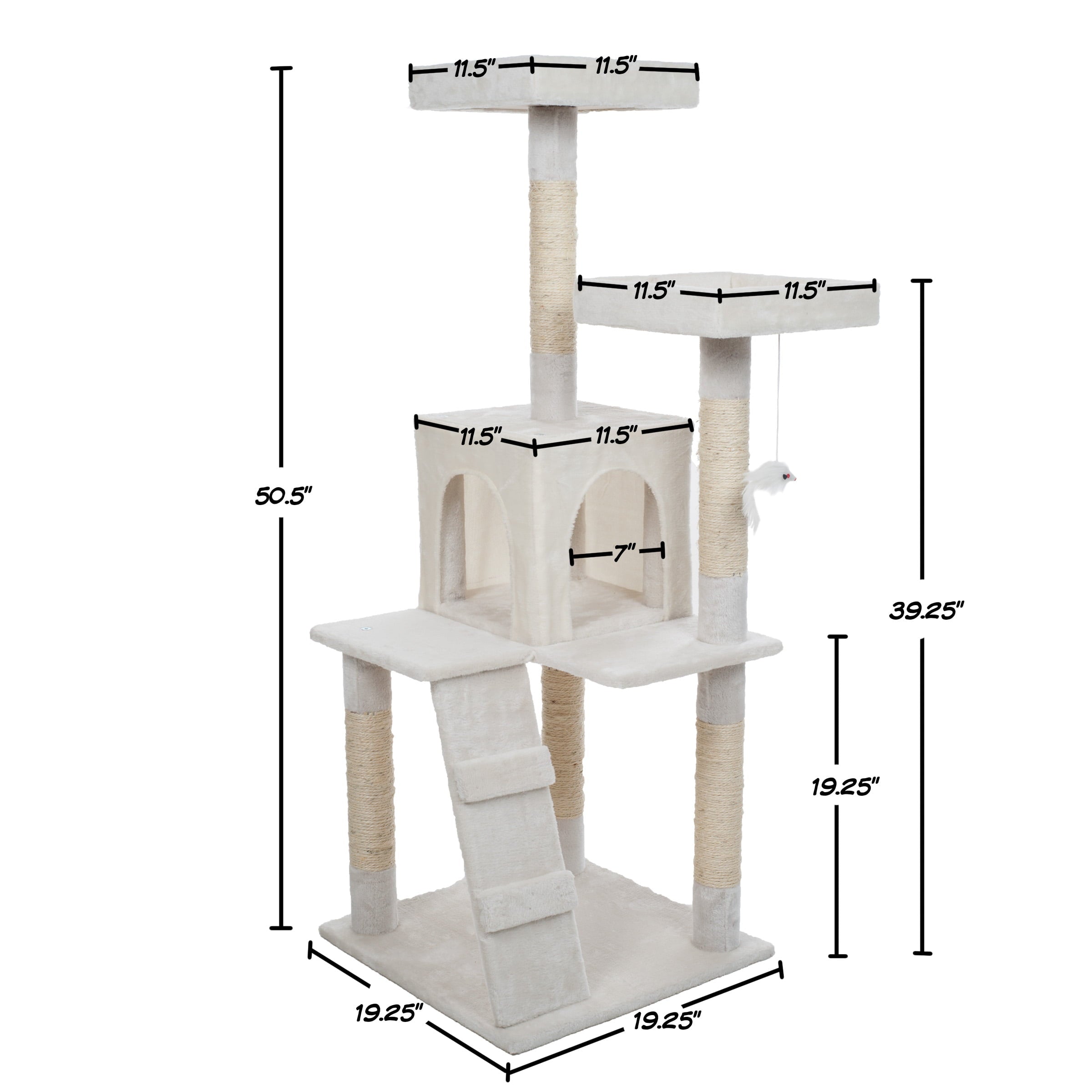 4-Tier Cat Tower with Napping Perches， Cat Condo， Ladder， 5 Sisal Rope Scratching Posts， Hanging Toy – Cat Tree for Indoor Cats by Petmaker (White)