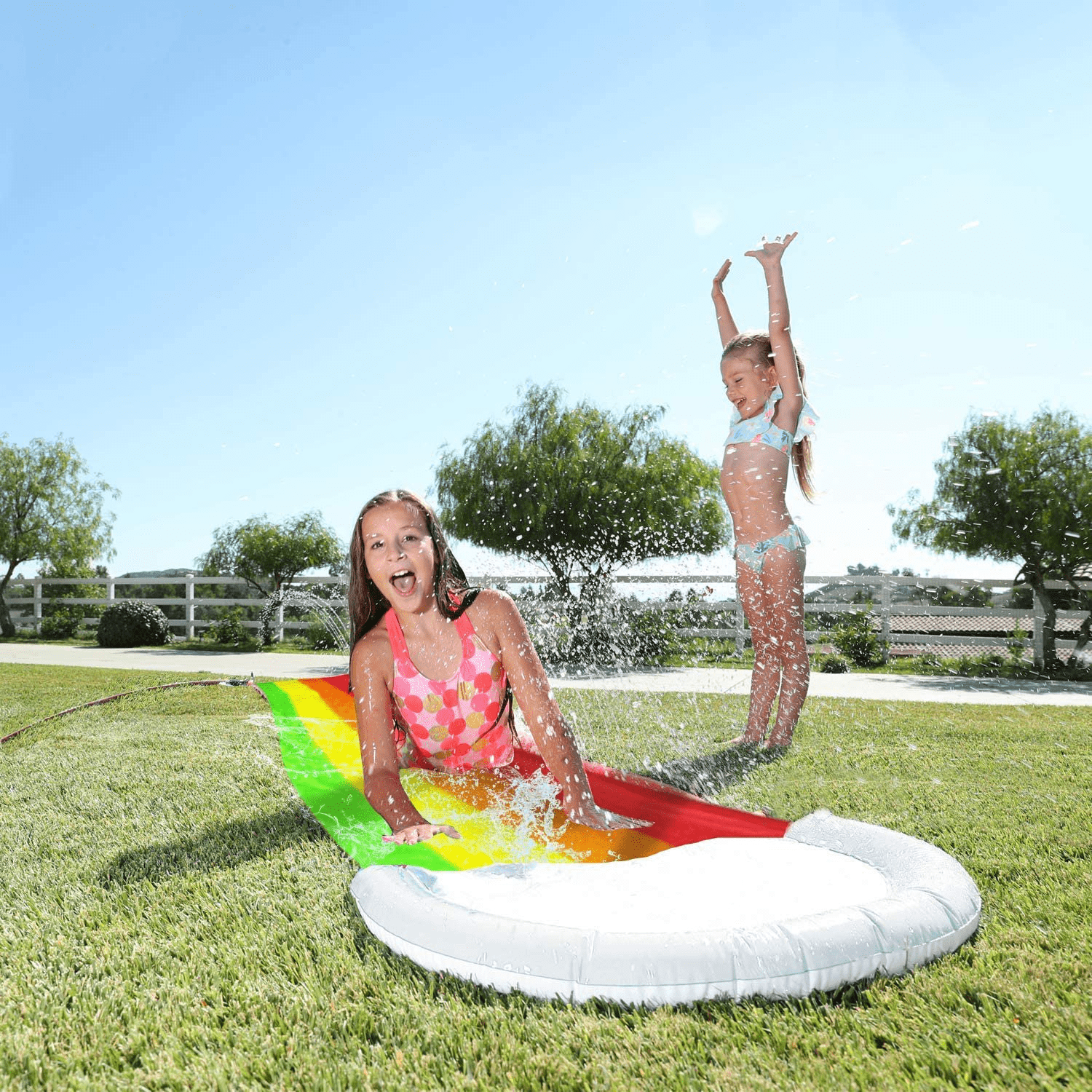 15.7ft Slip and Slide, Rainbow Lawn Water Slides Backyard Water Toys with Water Bodyboards, Waterslide with Splash Sprinkler - Outdoor Summer Toy for Kids Adults